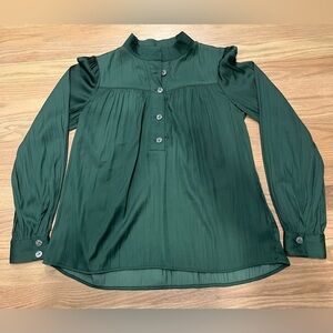 Anthropologie Forest Green Pleated Mock-Neck Blouse